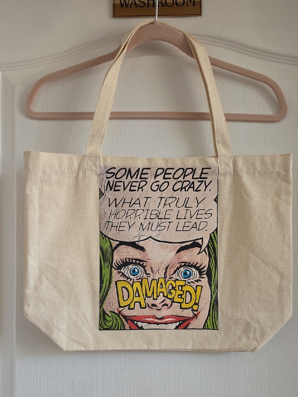 Canvas Tote Bag with Pop Art "Damaged" Graphic - Natural